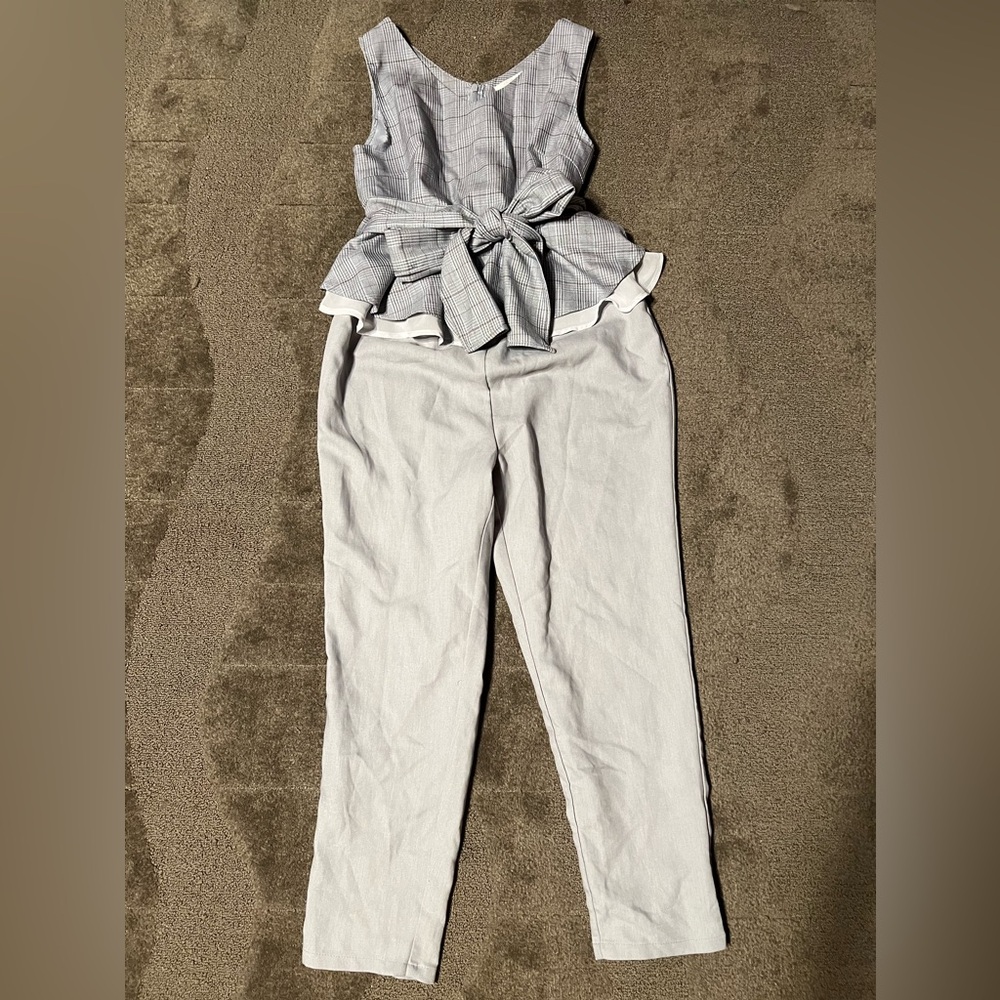 Liz Lisa Grey Plaid Peplum Jumpsuit w/ Waist Tie One Piece Pantsuit J-Fashion